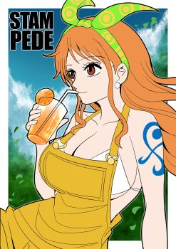 Rule 34 | 1girl, absurdres, breasts, cleavage, collarbone, degamishiro, drinking, drinking straw, drinking straw in mouth, green ribbon, hair ribbon, highres, huge breasts, juice, large breasts, long hair, nami (one piece), one piece, one piece: stampede, orange hair, orange juice, overalls, red eyes, ribbon, shoulder tattoo, sideboob, sidelocks, smile, solo, tattoo