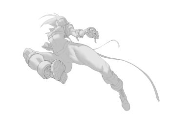 Rule 34 | abs, absurdres, boots, breasts, cammy white, clenched hand, closed mouth, crop top, cropped jacket, facial scar, fezzleoni, fingerless gloves, full body, gloves, greyscale, highres, jacket, medium breasts, midair, midriff, monochrome, open clothes, open jacket, pants, scar, scar on cheek, scar on face, short hair, street fighter, street fighter 6, tight clothes, tight pants, white background