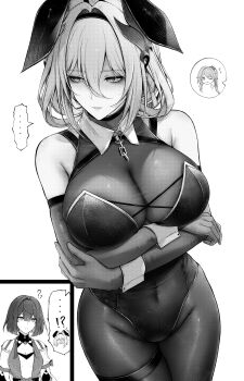 !? ... 3girls :p ;p ? ?? absurdres aisutei animal_ears arms_under_breasts breasts collared_leotard commentary_request covered_navel elbow_gloves fake_animal_ears gloves greyscale guinaifen_(honkai:_star_rail) hair_between_eyes hanya_(honkai:_star_rail) highres honkai:_star_rail honkai_(series) large_breasts leotard looking_to_the_side monochrome multiple_girls one_eye_closed pantyhose playboy_bunny rabbit_ears skindentation spoken_ellipsis spoken_interrobang thigh_strap thumbs_up tongue tongue_out wrist_cuffs xueyi_(honkai:_star_rail)