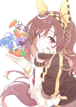 Rule 34 | 3girls, animal ears, asymmetrical gloves, black gloves, black jacket, blue hair, braid, breasts, brown hair, buena vista (heroina inocente) (umamusume), buena vista (umamusume), carrot, cesario (future weaver) (umamusume), cesario (umamusume), checkered hairband, chibi, commentary request, crown braid, ear covers, fingerless gloves, gloves, hair between eyes, hair ornament, hairband, head rest, headband, holding, holding carrot, horse ears, horse girl, horse tail, jacket, long hair, looking at viewer, medium hair, mismatched gloves, multicolored hair, multiple girls, open mouth, purple eyes, shirt, short hair, short sleeves, simple background, skirt, smile, special week (special dreamer) (umamusume), special week (umamusume), t-okada, tail, thighhighs, two-tone hair, umamusume, white background, white gloves, white hair, white jacket, white thighhighs