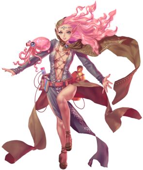 1girl artist_request bare_legs belt blue_eyes breasts cape center_opening crystal_maiden_(series) earrings full_body game_cg gourd jewelry long_pointy_ears long_sleeves meredith_(crystal_maidens) octopus official_art open_hand pink_hair pointy_ears potion solo transparent_background variant_set