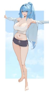 1girl absurdres armpits bare_legs bare_shoulders barefoot black_shorts blue_eyes blue_hair breasts camisole character_pria cleavage collarbone commission crop_top dolphin_shorts drawstring full_body highres jacket large_breasts long_hair long_sleeves looking_at_viewer midriff navel off_shoulder open_clothes open_jacket open_mouth original outstretched_arms pointy_ears ponytail second-party_source shirt short_shorts shorts sib_(9obsl) sleeveless sleeveless_shirt smile solo spaghetti_strap standing stomach strap_slip thighs two-tone_background very_long_hair white_jacket white_shirt