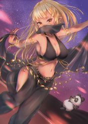 1girl :d absurdres alternate_costume alternate_hairstyle armlet armpits bangle belly_chain berotore bikini bikini_top_only black_pants blonde_hair bracelet breasts choker cleavage clothing_cutout collarbone dancer dancing dark-skinned_female dark_skin dutch_angle elf gold_trim hair_down halterneck harem_outfit highres hip_vent holding holding_unworn_clothes hololive jewelry kintsuba_(shiranui_flare) large_breasts long_hair looking_at_viewer midriff mouth_veil navel necklace open_mouth orange_eyes outdoors outstretched_arms panda pants pointy_ears revealing_clothes see-through_clothes shiranui_flare sideboob sky smile solo solo_focus star_(sky) starry_sky swimsuit thighs veil virtual_youtuber