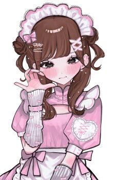 Rule 34 | 1girl, apron, arm warmers, belt, blush, bow, brown hair, claw pose, cleavage cutout, closed mouth, clothing cutout, commentary, double bun, dress, hair between eyes, hair bun, hair ornament, hairclip, hand up, highres, jewelry, long hair, maid apron, maid headdress, mandarin collar, original, pink belt, pink bow, pink dress, ring, simple background, solo, straight-on, symbol-only commentary, two side up, upper body, white arm warmers, white background, x hair ornament, xx raruko