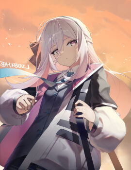 1girl absurdres black_hairband blue_archive commentary cowboy_shot double-parted_bangs dusk from_below grey_hair hair_between_eyes hairband highres hxbdzj jacket kei_(blue_archive) kei_(new_body)_(blue_archive) long_hair long_sleeves looking_at_viewer no_halo open_clothes open_jacket orange_sky parted_lips pink_eyes sky solo white_jacket