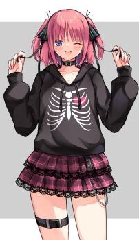 1girl ;d belt black_collar black_hoodie black_ribbon blue_eyes blush collar go-toubun_no_hanayome hair_ribbon highres holding holding_ribbon hood hoodie lace lace-trimmed_skirt lace_trim layered_skirt long_sleeves looking_at_viewer medium_hair nail_polish nakano_nino one_eye_closed open_mouth plaid_clothes plaid_skirt profnote red_hair red_nails red_skirt ribbon skirt smile solo thigh_belt thigh_strap