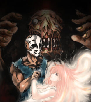 Rule 34 | 1girl, 2boys, bald, couple, ebi tendon, image sample, jennifer willis, long hair, mask, multiple boys, muscular, namco, pixiv sample, resized, rick (splatterhouse), rick taylor, splatterhouse, torn clothes