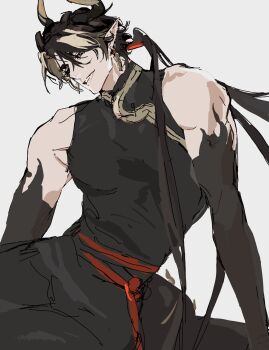 1boy arknights bare_shoulders belt black_hair black_shirt black_skin chongyue_(arknights) colored_skin commentary ddi_pu17184 dragon_boy dragon_horns dragon_tail earrings grey_background hair_between_eyes highres horns jewelry long_hair looking_at_viewer male_focus multicolored_hair pants pointy_ears ponytail red_belt shirt simple_background sitting sketch sleeveless sleeveless_shirt smile solo streaked_hair symbol-only_commentary tail toned toned_male very_long_hair