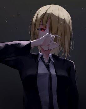 1girl absurdres blood blood_from_mouth brown_hair commentary formal_clothes heaven_burns_red highres kayamori_ruka natao_tanaka necktie short_hair suit wiping_blood wiping_mouth