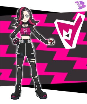 1girl aged_up aqua_eyes artist_name asymmetrical_bangs belt black_boots black_choker black_gloves black_hair black_nails black_pantyhose black_skirt boots choker closed_mouth collarbone commentary dreambig earrings english_commentary eyelashes eyeshadow fingernails full_body gloves grey_belt grey_eyeshadow hair_over_one_eye hand_on_own_hip high_heel_boots high_heels highres holding holding_poke_ball jewelry long_sleeves makeup marnie_(pokemon) medium_hair midriff multicolored_hair nail_polish nintendo official_style outline pantyhose pink_hair pink_shirt poke_ball poke_ball_(basic) pokemon pokemon_swsh shirt single_glove skirt solo split_mouth standing torn_clothes torn_pantyhose torn_sleeves two-tone_hair undercut white_outline