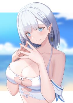 1girl absurdres beach beta_(kagejitsu) blue_eyes blush breasts elf highres kage_no_jitsuryokusha_ni_naritakute! large_breasts looking_at_viewer nagisilon pointy_ears short_hair smile solo swimsuit white_hair
