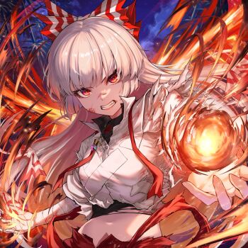 1girl bandaged_arm bandages blood blood_on_clothes blood_on_face blunt_bangs bow breasts clenched_teeth collared_shirt commentary_request fire fujiwara_no_mokou hair_bow highres injury long_hair looking_at_viewer medium_breasts midriff navel night night_sky pants puffy_short_sleeves puffy_sleeves pyrokinesis re_(re_09) red_eyes red_pants second-party_source shirt short_sleeves sky solo suspenders teeth torn_clothes torn_shirt touhou upper_body very_long_hair white_shirt