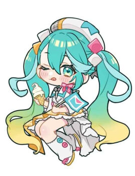 aqua_eyes aqua_hair beret blonde_hair blush chibi closed_mouth commentary_request cropped_jacket diamond_hair_ornament flag food gradient_hair hair_between_eyes hair_ornament hat hatsune_miku heart heart-shaped_pupils holding holding_flag holding_food holding_ice_cream ice_cream jacket long_sleeves looking_at_viewer magical_mirai_(vocaloid) magical_mirai_miku magical_mirai_miku_(2024) multicolored_hair official_alternate_costume official_alternate_hairstyle one_eye_closed pleated_skirt shigupon shorts shorts_under_skirt simple_background skirt smile symbol-shaped_pupils tongue tongue_out vocaloid white_background white_hat white_jacket yellow_skirt