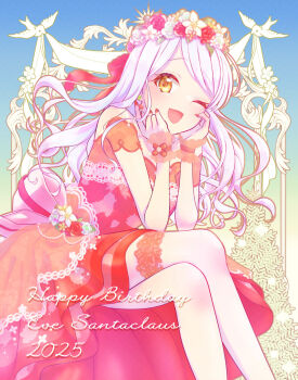 1girl 2025 bird blonde_hair christmas commentary_request crossed_legs dress eve_santaclaus flower_wreath happy_birthday idolmaster idolmaster_cinderella_girls long_hair looking_at_viewer one_eye_closed open_mouth pantyhose sitting smile solo ssnopan338 white_hair white_pantyhose