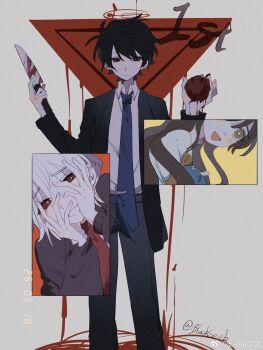 1girl 2boys :d absurdres akinashi_haru apple black_hair black_pants black_suit blackseek blood bloody_knife blue_eyes blue_necktie brown_cardigan brown_hair cardigan chinese_commentary collared_shirt commentary_request crazy_grin feet_out_of_frame food formal_clothes fruit grin halo handkerchief hands_on_own_face hands_up highres holding holding_food holding_fruit holding_handkerchief holding_knife knife long_hair multiple_boys necktie open_mouth pants red_eyes red_necktie saihate_eki shirt short_hair smile suit sweat tatsunami_shion tenjiku_aoi white_hair white_shirt yellow_eyes