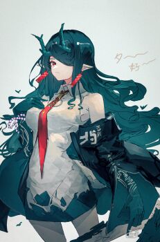 1girl arknights bare_shoulders beads black_hair black_jacket breast_suppress cleavage_cutout clothing_cutout collared_dress colored_extremities commentary_request cowboy_shot dragon_girl dragon_horns dress dusk_(arknights) earrings grey_background grey_dress hair_over_one_eye highres horns jacket jewelry long_hair m93r_rei muted_color necktie off_shoulder one_eye_covered partial_commentary pointy_ears red_eyes red_necktie simple_background sleeveless sleeveless_dress solo standing