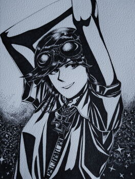 1girl absurdres afrika_korps arms_up bordfunker133 breasts commentary_request cross goggles goggles_on_head greyscale grin hans-joachim_marseille highres iron_cross looking_at_viewer luftwaffe marseille-chan_(bordfunker133) medium_hair military_uniform monochrome nazi original photo_(medium) real_life reichsadler shirt short_sleeves small_breasts smile soldier solo swastika world_war_ii