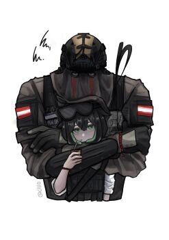 1boy 1girl artist_self-insert austrian_flag black_gloves black_hair bloodshot_eyes blue_eyes bra bulletproof_vest call_of_duty call_of_duty:_modern_warfare_2 colored_inner_hair combat_helmet covered_face drink_carton drinking_straw gloves goggles goggles_on_head green_hair grey_shirt hair_between_eyes hand_up helmet highres huang_qianrong hug hug_from_behind juice_box konig_(call_of_duty) long_sleeves looking_at_viewer medium_hair multicolored_hair original shirt simple_background sleeves_rolled_up sniper_veil squiggle staring tentacle_hair twitter_username underwear white_background white_shirt