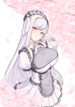 1girl absurdres apron arm_behind_back black_lilith_(last_origin) branch breasts cherry_blossoms cleavage closed_mouth clothing_cutout collared_dress commentary_request covered_collarbone dress falling_petals flower frilled_apron frilled_dress frills gloves grey_apron grey_dress grey_headdress hand_up head_tilt highres holding holding_flower juliet_sleeves korean_commentary large_breasts last_origin long_hair long_sleeves looking_at_viewer maid maid_apron maid_headdress petals puffy_sleeves see-through_cleavage see-through_clothes smile solo spring_(season) su_(yyas2232) very_long_hair white_background white_dress white_gloves white_hair yellow_eyes