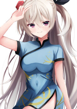 1girl :3 akizuki_kanna alternate_costume arm_at_side arm_up black_ribbon blue_dress blush breasts cafe_stella_to_shinigami_no_chou china_dress chinese_clothes closed_mouth colored_eyelashes commentary covered_navel cowboy_shot dress eyes_visible_through_hair flower grey_hair hair_between_eyes hair_flower hair_ornament hair_ribbon highres kiki0319i large_breasts long_hair looking_at_viewer one_side_up print_dress purple_eyes red_flower ribbon salute short_dress short_sleeves side_slit smile solo split_mouth two-finger_salute very_long_hair