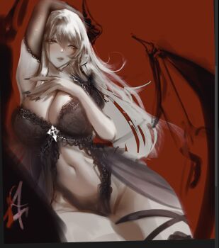 Rule 34 | 1girl, aruiu, black nails, black nightgown, breasts, cleavage, commentary, demon girl, demon horns, elbow gloves, english commentary, gloves, hair ornament, highres, horns, huge breasts, looking at viewer, nail polish, navel, nightgown, original, red background, simple background, single elbow glove, solo, stomach, unfinished, white hair