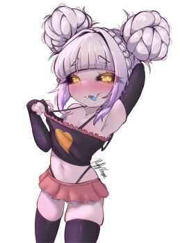 1girl absurdres armpits black_camisole black_sclera black_thighhighs blue_nipples blue_tongue blush braid breasts bridal_gauntlets camisole collar_tug colored_nipples colored_sclera colored_tongue crown_braid double_bun elbow_gloves fangs female_focus fingerless_gloves fluffyusagii gloves grey_hair hair_bun heart heart_print highleg highleg_panties highres indie_virtual_youtuber kumo_kuddelmuddel loli looking_at_viewer mesugaki microskirt miniskirt navel orange_skirt panties raised_inner_eyebrows simple_background skirt small_breasts solo standing stomach tank_top thick_eyebrows thigh_gap thighhighs thong tongue tongue_out underwear virtual_youtuber white_background yellow_eyes