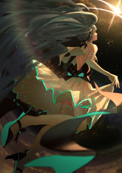 1girl absurdres aqua_hair backless_dress backless_outfit bare_shoulders braid brown_flower closed_mouth clothes_lift commentary_request detached_collar detached_sleeves dress elbow_gloves flower frilled_dress frilled_sleeves frills from_behind gloves hatsune_miku high_heels highres kurohanesawa lifting_own_clothes long_hair long_sleeves miku_symphony_(vocaloid) official_alternate_costume official_alternate_hairstyle pantyhose pumps skirt skirt_lift twintails very_long_hair vocaloid white_gloves white_pantyhose