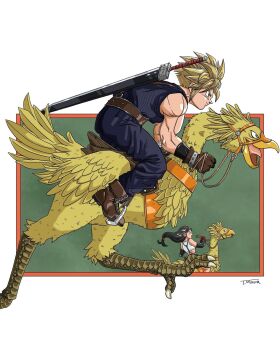 1boy 1girl baggy_pants bare_shoulders bird black_hair black_sleeves blonde_hair blue_eyes blue_pants blue_sweater boots border brown_boots brown_gloves buster_sword chocobo closed_mouth cloud_strife commentary_request crop_top detached_sleeves dragon_ball feathers feet_out_of_frame final_fantasy final_fantasy_vii from_side full_body gloves highres holding holding_reins long_hair outside_border pants profile red_gloves reins ribbed_sweater riding riding_animal short_hair signature sitting sleeveless sleeveless_turtleneck spiked_hair sweater sword sword_on_back takeshi_miura talons tank_top tifa_lockhart toriyama_akira_(style) turtleneck turtleneck_sweater weapon weapon_on_back white_border white_tank_top yellow_feathers