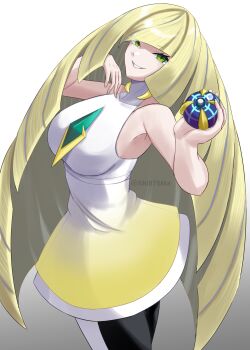 Rule 34 | 1girl, absurdres, artist name, bare shoulders, blonde hair, breasts, commentary request, dress, gradient clothes, gradient dress, green eyes, grin, highres, holding, holding poke ball, kamizin, large breasts, long hair, looking at viewer, lusamine (pokemon), nintendo, poke ball, pokemon, pokemon sm, smile, solo, twitter username, two-tone dress, white dress, yellow dress
