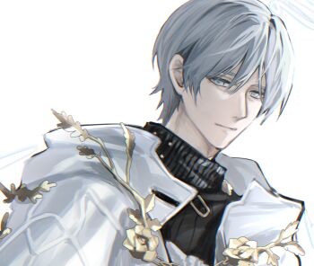 1boy amatsuji andoain_(arknights) arknights black_sweater chromatic_aberration closed_mouth commentary grey_eyes grey_hair hair_between_eyes highres jacket looking_at_viewer male_focus portrait short_hair simple_background solo sweater turtleneck turtleneck_sweater white_background white_jacket