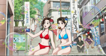 2boys 2girls armpits bare_legs belly bikini blue_bikini breasts bubble cleavage eating festival frilled_bikini frills initial_d lowleg lowleg_bikini medium_breasts multiple_boys multiple_girls nakazato_takeshi navel official_art phone public_indecency red_bikini satou_mako sayuki_(initial_d) shin_gekijouban_initial_d shouji_shingo swimsuit