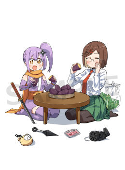 2girls :t armor blush breasts brown_eyes brown_hair chabudai collared_shirt earrings fingerless_gloves food full_body glasses gloves green_skirt hair_ornament hairclip hand_on_own_face holding holding_food hundredburger japanese_armor japanese_clothes jewelry kimono koga_konoha kote kunai kusagakure_satoko large_breasts long_scarf long_sleeves looking_at_viewer multiple_girls necktie ninja ninja_to_koroshiya_no_futarigurashi official_art open_mouth orange_scarf pantyhose pleated_skirt potato purple_hair purple_kimono purple_thighhighs red_necktie scarf school_uniform seiza shirt short_hair short_kimono shuriken_hair_ornament side_ponytail simple_background sitting skirt sleeveless sleeveless_kimono smile table thighhighs thighs undershirt weapon white_background white_shirt