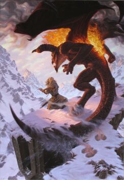 absurdres balrog_(tolkien) beard clenched_hand colored_skin demon demon_horns demon_tail demon_wings facial_hair fighting_stance fire from_behind full_beard gandalf grey_beard grey_hair highres holding holding_sword holding_weapon hooves horns long_tail mountain mountainous_horizon old old_man open_mouth red_scales red_skin scabbard scales sheath snow spiked_tail steam sword tail the_lord_of_the_rings tolkien&#039;s_legendarium weapon wings wizard
