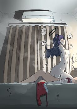 1boy 1girl black_halo blue_archive breasts completely_nude cowgirl_position from_side girl_on_top halo hetero highres indoors long_hair medium_breasts nipples nude on_bed petitpetitppp purple_hair solo_focus speech_bubble straddling yuuka_(blue_archive)