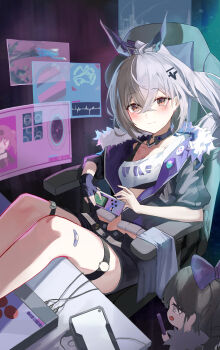 1girl absurdres bandaged_leg bandages blush brown_eyes dongle gloves grey_hair hair_ornament hairclip highres honkai:_star_rail honkai_(series) jacket long_hair looking_at_viewer shorts silver_wolf_(honkai:_star_rail) sitting smile solo