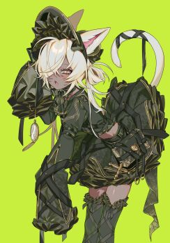 Rule 34 | 1girl, :o, absurdres, animal ear fluff, animal ears, antenna hair, asymmetrical bangs, bent over, black hat, black serafuku, black skirt, black thighhighs, blonde hair, cat ears, cat girl, cat tail, commentary request, dark-skinned female, dark skin, fang, flat chest, frilled skirt, frills, gothic lolita, green background, hair over one eye, hamita (rikopin ika), hand up, hat, highres, holding, holding pocket watch, lolita fashion, long sleeves, looking at viewer, messy hair, original, pocket watch, ribbon-trimmed thighhighs, ribbon trim, school uniform, serafuku, side ponytail, simple background, skirt, sleeves past fingers, sleeves past wrists, solo, stomach, swept bangs, tail, thighhighs, tsurime, unkempt, watch, yellow eyes