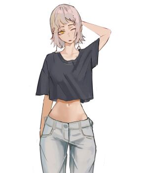 Rule 34 | 1girl, absurdres, arm behind head, arm up, black shirt, chainsaw man, earrings, fami (chainsaw man), grey pants, highres, jewelry, mole, mole under eye, mole under mouth, navel, one eye closed, open mouth, pants, ringed eyes, shirt, short hair, simple background, solo, tefi blum, white background, yellow eyes