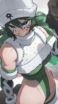 1girl blue_eyes breasts commission from_above green_hair green_leotard hat hata4564 highres hip_bones leotard original sharp_teeth skeb_commission solo tagme teeth turtleneck