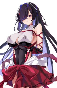 Rule 34 | 1girl, absurdres, arms behind back, bare shoulders, bdsm, black hair, black shirt, blue hair, bondage, bound, breast curtains, breasts, chaos zero nightmare, chizuru (chaos zero nightmare), choumiryou, clothing cutout, commentary request, covered erect nipples, hair ornament, highres, japanese clothes, large breasts, miko, multicolored hair, obi, one eye covered, purple eyes, sash, shibari, shirt, sideboob