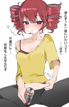 1girl :| beer_can belly belly_grab black_leggings black_pants blush bra can casual closed_mouth commentary_request drill_hair drink_can half-closed_eyes highres holding holding_can ichiru_(ichill) kasane_teto leggings looking_at_viewer navel off-shoulder_shirt off_shoulder pants pinching red_bra red_eyes red_hair red_nails shirt simple_background sitting solo translation_request twin_drills underwear utau weight_conscious white_background yellow_shirt