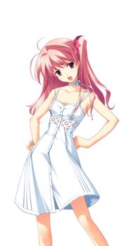 1girl annoyed antenna_hair bow bow_choker breasts chaos;head choker choket dress game_cg hand_on_own_hip head_tilt lace lace-trimmed_dress lace_trim looking_at_viewer matsuo_yukihiro non-web_source official_art one_side_up open_mouth pink_eyes pink_hair ribbon_choker sakihata_rimi science_adventure small_breasts solo sprite sundress transparent_background v-shaped_eyebrows white_choker white_dress