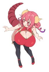 Rule 34 | 1girl, absurdres, alternate costume, black thighhighs, blush, breasts, china dress, chinese clothes, cleavage, dragon girl, dragon horns, dragon tail, dress, elomil, full body, gigantic breasts, highres, horns, ilulu (maidragon), kobayashi-san chi no maidragon, leaning forward, oppai loli, pink eyes, pink hair, pointy ears, red dress, red footwear, shoes, shortstack, simple background, sleeveless, sleeveless dress, slit pupils, solo, tail, thighhighs, white background