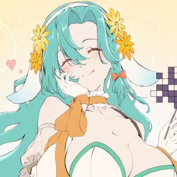 1girl absurdres animal_ears aqua_hair breasts chloe_(fire_emblem) chloe_(spring)_(fire_emblem) choker clear_glass_(mildmild1311) cleavage fake_animal_ears fire_emblem fire_emblem_engage fire_emblem_heroes gloves highres large_breasts long_hair nintendo official_alternate_costume orange_choker rabbit_ears white_gloves