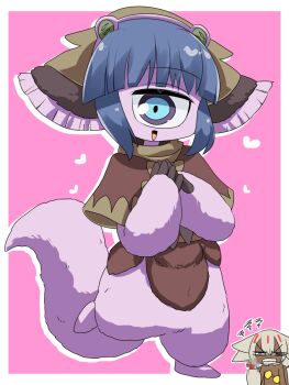 2girls blue_eyes blue_hair blunt_bangs brown_dress colored_skin commentary_request cyclops dark-skinned_female dark_skin dress faputa full_body furry furry_female headdress highres lets0020 looking_at_viewer made_in_abyss middle_finger multiple_girls one-eyed open_mouth pakkoyan pink_background pink_skin short_hair smile solo_focus two-tone_background white_background