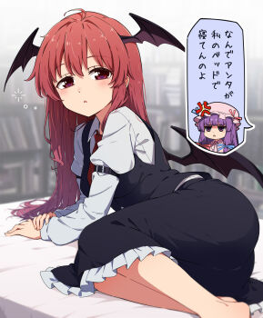 2girls :< ahoge anger_vein angry arm_belt barefoot black_skirt black_vest blunt_bangs blush bookshelf chibi chibi_inset choppy_bangs collared_shirt commentary crescent crescent_hat_ornament demon_wings dot_nose feet_out_of_frame frilled_skirt frills full_body gradient_background hair_between_eyes hat hat_ornament head_wings highres koakuma long_hair long_sleeves looking_at_viewer mob_cap multiple_girls necktie necono_(nekonosora1207) open_mouth patchouli_knowledge pink_hair purple_eyes purple_hair red_eyes red_hair red_necktie revision shirt skirt skirt_set sleepy speech_bubble squeans touhou translated triangle_mouth very_long_hair vest white_shirt wings