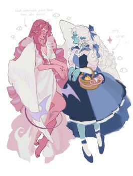 Rule 34 | aqua sclera, asymmetrical eyelashes, basket, blue dress, blue eyes, blue skin, cloak, colored sclera, colored skin, cookie run, cookie run: kingdom, disguise, dress, eternal sugar cookie, heterochromia, highres, holding, hood, humanization, lady in azure, long hair, long sleeves, omchyn, shadow milk cookie, simple background, slit pupils, smile, very long hair, white hair