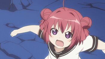 Rule 34 | 1girl, akaza akari, animated, animated gif, anime screenshot, double bun, dress, female focus, hair bun, looking at viewer, lowres, missile, outdoors, purple eyes, red hair, sailor dress, school uniform, serafuku, short hair, single hair bun, solo, what, yuruyuri