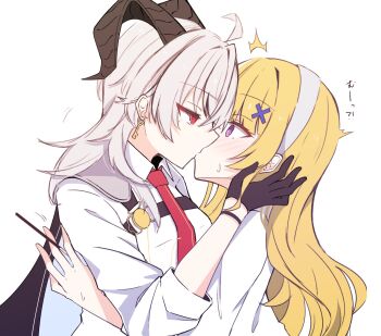 2girls ahoge black_gloves black_horns black_jacket blonde_hair blush breasts chest_harness collared_shirt commentary curled_horns earrings eye_contact food gloves grey_hair hair_ornament hairband harness highres holding holding_food holding_pocky horns jacket jacket_on_shoulders jewelry key_earrings long_hair looking_at_another medium_breasts mole mole_under_eye multiple_girls necktie no_headwear phoebe_(wuthering_waves) pocky purple_eyes red_eyes red_necktie shirt simple_background upper_body white_background white_hairband white_shirt wuthering_waves x_hair_ornament yuri zani_(wuthering_waves) zero_3b