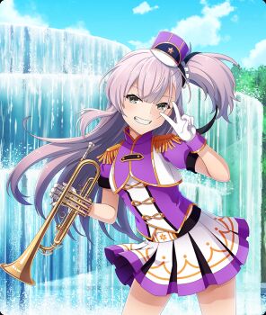 Rule 34 | 1girl, black ribbon, blue sky, blush, cloud, cowboy shot, day, dot nose, epaulettes, fountain, game cg, gloves, green eyes, grin, hair ribbon, hat, holding, holding instrument, holding trumpet, instrument, legs apart, long hair, looking at viewer, marching band, mini hat, mini shako cap, official art, outdoors, purple hair, purple hat, ribbon, shako cap, short side ponytail, short sleeves, skirt, sky, smile, solo, star (symbol), third-party source, toji no miko, toji no miko: kizamishi issen no tomoshibi, tree, trumpet, tsubakuro yume, v, white gloves, white skirt