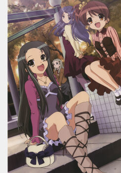 Rule 34 | 4girls, arms behind back, asakura ryoko, blue bow, bow, closed mouth, day, dress, fang, heart, highres, ikeda shouko, jewelry, kimidori emiri, kyon no imouto, long hair, looking at viewer, looking away, megami magazine, multicolored dress, multiple girls, official art, open mouth, pantyhose, pocketbook, scan, sitting, sitting on stairs, smile, stairs, suzumiya haruhi no yuuutsu, tsuruya, very long hair, window